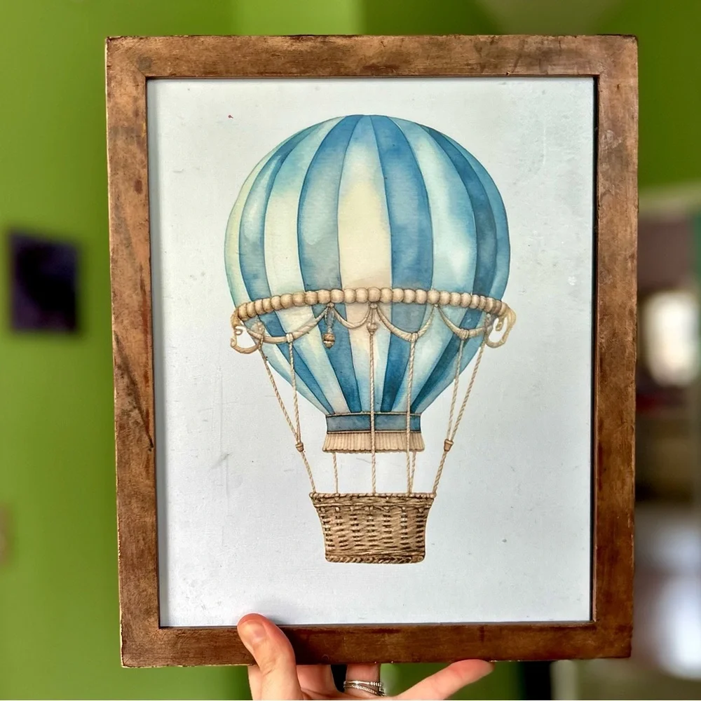 Vintage Rustic Wood Framed Blue Hot Air Balloon Wall Hanging Unique Decor Art - Picture 1 of 8